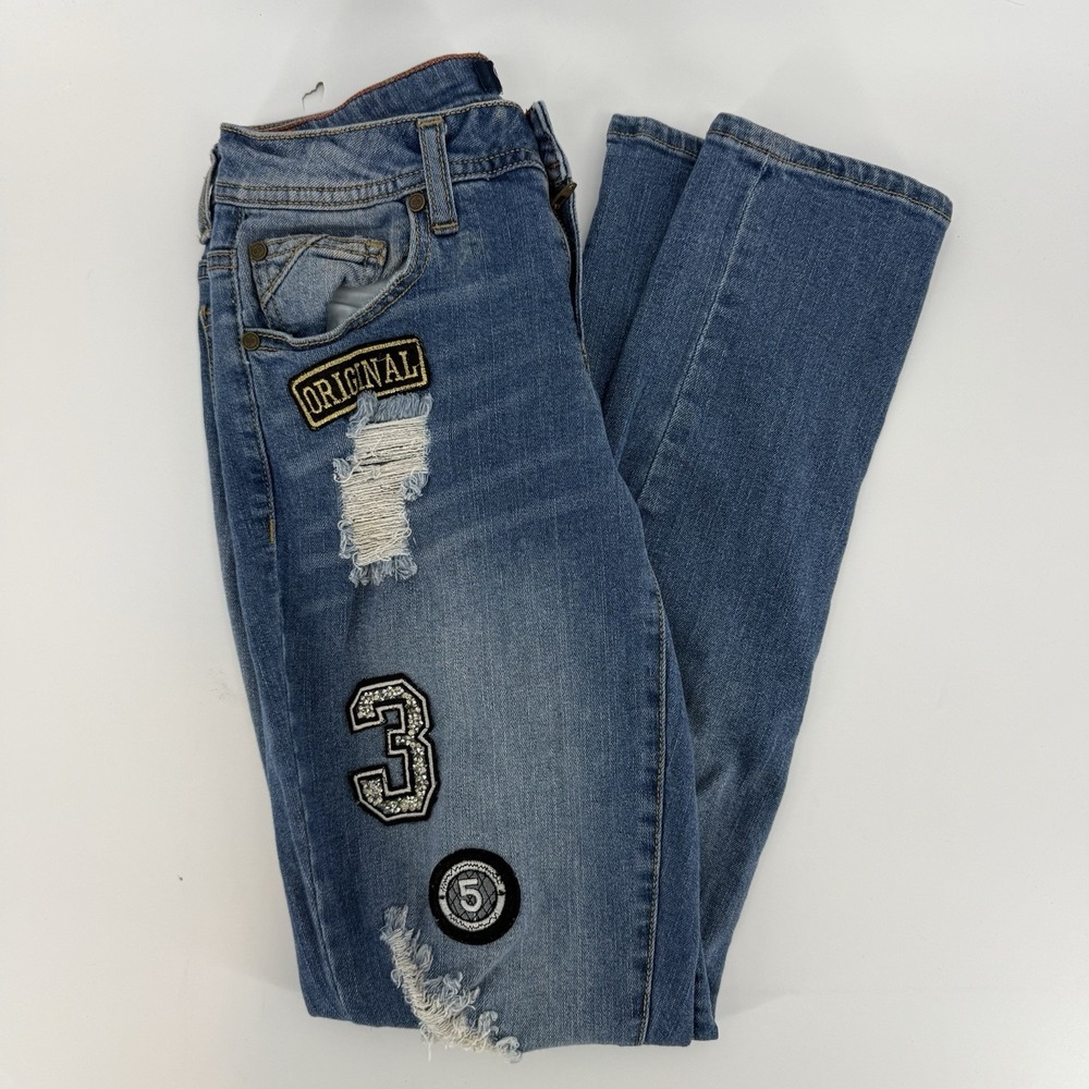 Boom Boom Distressed Patched‎ Embroidered Ripped Skinny Jeans Sz 1 Vintage 90's